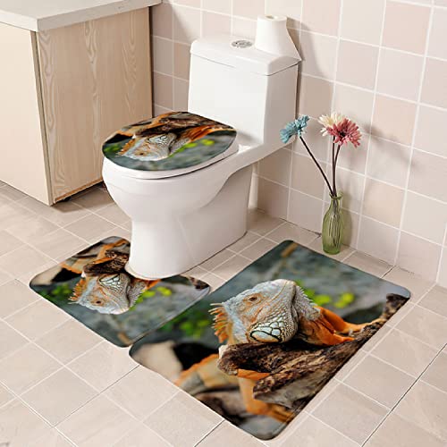 Badezimmer Teppich Set Weich Waschbar Badezimmerteppich 3 TLG rutschfeste Badeteppich WC Vorleger Deckelbezug U-förmige Konturmatte Memory Schaum Badezimmermatte ( Orangefarbenes Tierchamäleon )