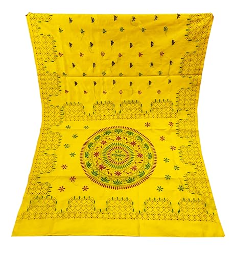 Image of SHRISTI CLOTHINGS Women's Hand Embroidered Cotton Silk Kantha Stitch Saree with Blouse Piece (SB4200924 YELLOWD96)