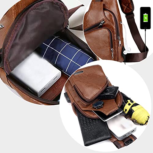 Fashion Sling Bag for Men Women, Men's Bag Shoulder Backpack Chest Bags, Super Large Capacity Crossbody Daypack with Earphone Hole for Hiking Camping Outdoor Trip Sports (Khaki)4