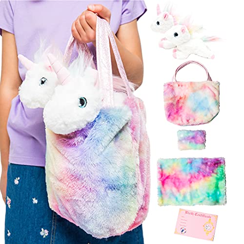 Little Jupiter Mommy & Baby Unicorn Gift for Girls 4 - 5 - 6 - 7 yrs - Stuffed Animal Set w/ 2 Purple Plush Toys - Rainbow Purse Bag, Doll Pillow, Blanket, & Birth Certificate - White