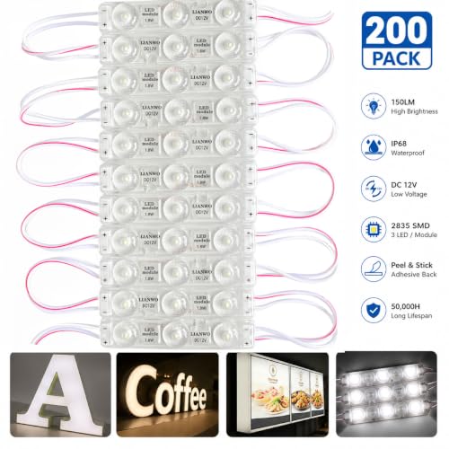 Image of 2835 LED Modules 200 Pieces - 3 LED High Intensity 150LM Commercial Light Strip, IP68 Waterproof, Suitable for Channel Letters and Advertising Signs, Peel and Stick Adhesive Backing (White, 100ft)