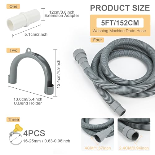 Image of 5ft Universal Washing Machine Drain Hose Extension Kit, 7-Piece Set with Adapter, U-Bend Bracket, 4 Clamps, Flexible Washer & Dishwasher Drain Hose, Fits Dehumidifiers & Laundry Machines
