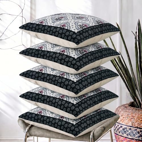 Image of Nendle Printed Holland Velvet Cushion Covers Set of 5, 16 x 16 Inches (40 x 40 cm), Decorative Sofa Cushion Cover with Zipper Closure, Floral Geometric Abstract Bohemian Designs, Multicolor