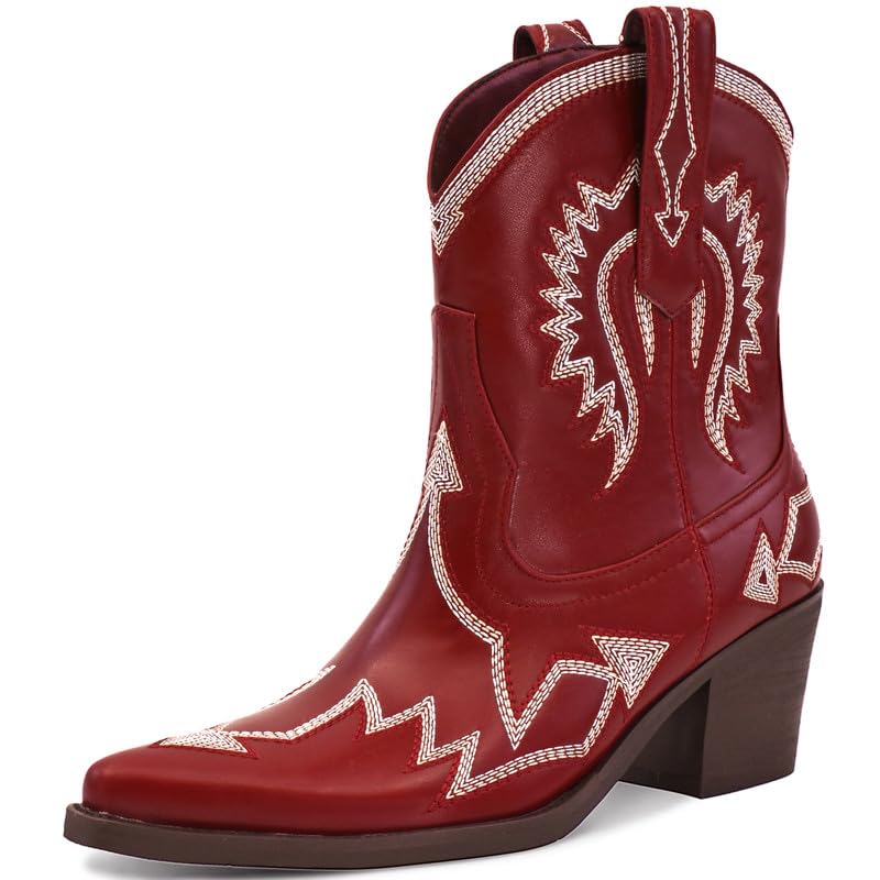 Image of HOCHFART Western Boots for Women Metallic Embroidered Pointed Toe Cowgirl Boots Chunky Heel Pull-On Short Cowboy Boots Wide Calf Country Ankle Boots
