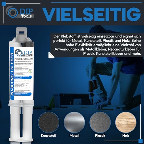 DIP-Tools PU-Schnellkleber 2-Komponenten 25g inkl. 3 Mischdüsen, 2K Kleber extra stark & schnelltrocknend, Klebstoff Metallkleber Reparatur Plastikkleber Kunststoffkleber Epoxidharz (1x25ml)