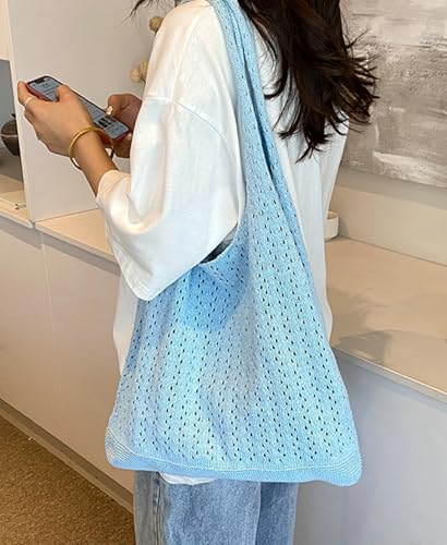 Crochet Tote Bag 2025 Knit Shoulder Handbag Women Stylish Boho Beach Purse Openwork Hollow Weave Chunky Yarn3