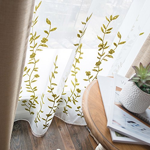 Melodieux Cortinas de Gasa traslúcidas con Bordado de Flores para Ventana, con Bolsillo para Barra, para Dormitorio, 132 x 213 cm, Color Blanco y Verde, 1 Panel