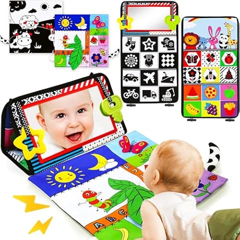 Tummy Time Mirror Baby Toys 3-6 Months Infant Newborn Toys 0-3 Months Brain Development Montessori Sensory Crinkle Toys Teether Black and White High Contrast Baby Toys 0-6 6-12 Month Boy Girl Gifts Cover