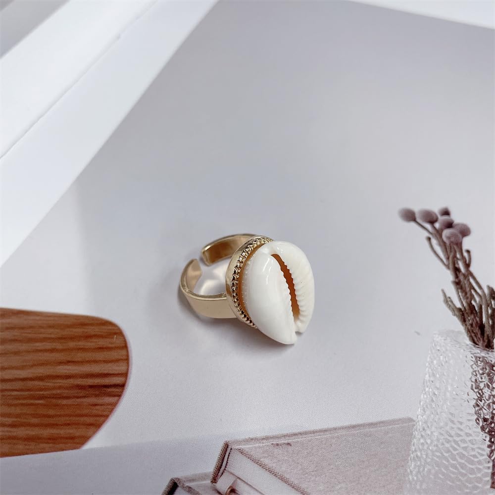 NewZenro Boho Natural Shell Chunky Open Statement Ring for Women Cute Gold Plated Natural Sea Shell Finger Rings Fashion Jewelry Summer Holiday Gift Size 7