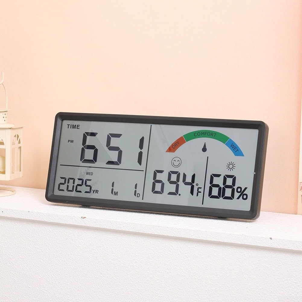Grande orologio da parete digitale LCD con display a temperatura e umidità, calendario sveglia e formato 24 ore, moderno orologio da scrivania rettangolare elettronico per soggiorno