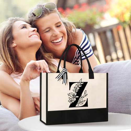 Image of Tecanne Personalized Initial Canvas Tote Bag, Suitable for Birthday, Wedding, Beach, Holiday, Gifts for Women, Mom, Teachers, Nurses, Best Friends, Bridesmaids (Z)