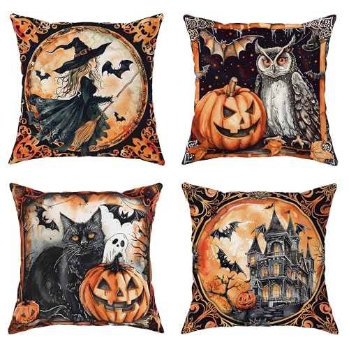 GDHBLING Halloween Aesthetic Retro Witch Throw Pillow Covers 18x18 Set of 4, Scary Pumpkin Cat Pillo