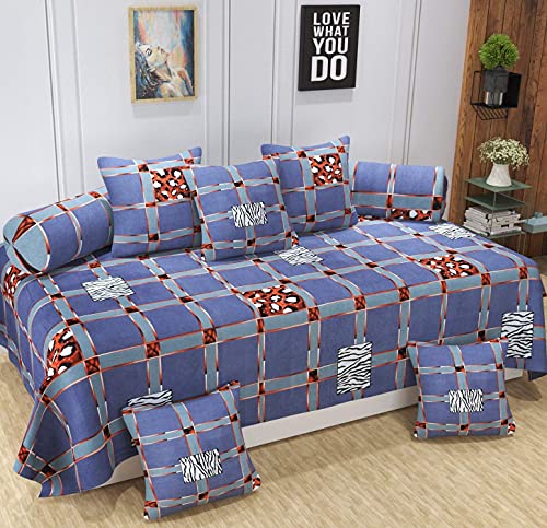 Image of Microfiber Fabric 8Pcs Diwan Blend Set of 60X90 Inch 1Bedsheet 16x16inch 5Cushion Covers 18x28 inch 2Bolster Covers (Blue Multi check)