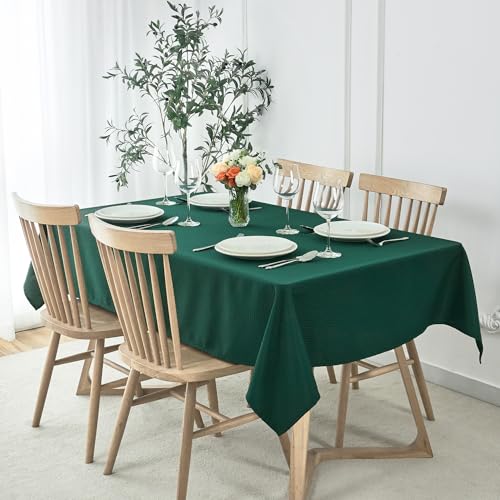 Image of maxmill Rectangle Christmas Tablecloth Weaved Texture Waterproof Spillproof Wrinkle Free Table Cloth, Kitchen Dining Room Decoration, Holiday Party, Banquet Event Dinner, 52 x 70 Inch, Hunter Green