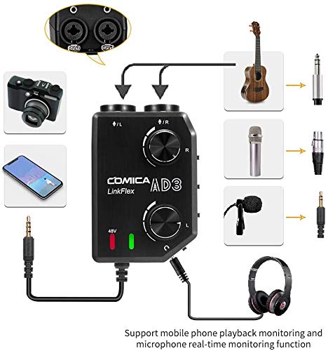 Comica LINKFLEX.AD3 Microphone Audio Preamp/Mixer 2-Channels XLR/3.5mm/6.35mm-3.5mm, 48V Phantom Power & Real Time Monitor, Universal Canon Nikon Sony Camcorders DSLR Cameras &Smartphone