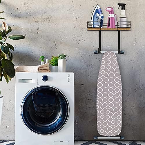 Ironing Board Hanger Rack Wall Mount, Iron and Ironing Board Holder with Storage Shelf, Iron Board Holder with Large Storage Basket and Removable Hooks for Laundry Room Decor and Accessories
