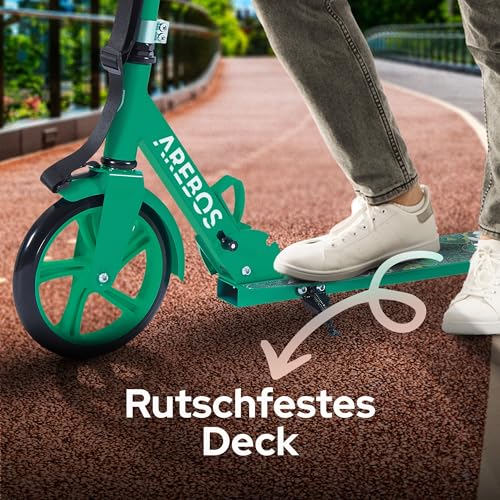 Arebos Cityroller Tretroller Gr&uuml;n Scooter h&ouml;henverstellbar | klappbar | inkl. Traggurt | XXL R&auml;der | Tritt-Bremse | f&uuml;r Kinder und Erwachsene | bis 100kg belastbar | Kickroller | Kickscooter