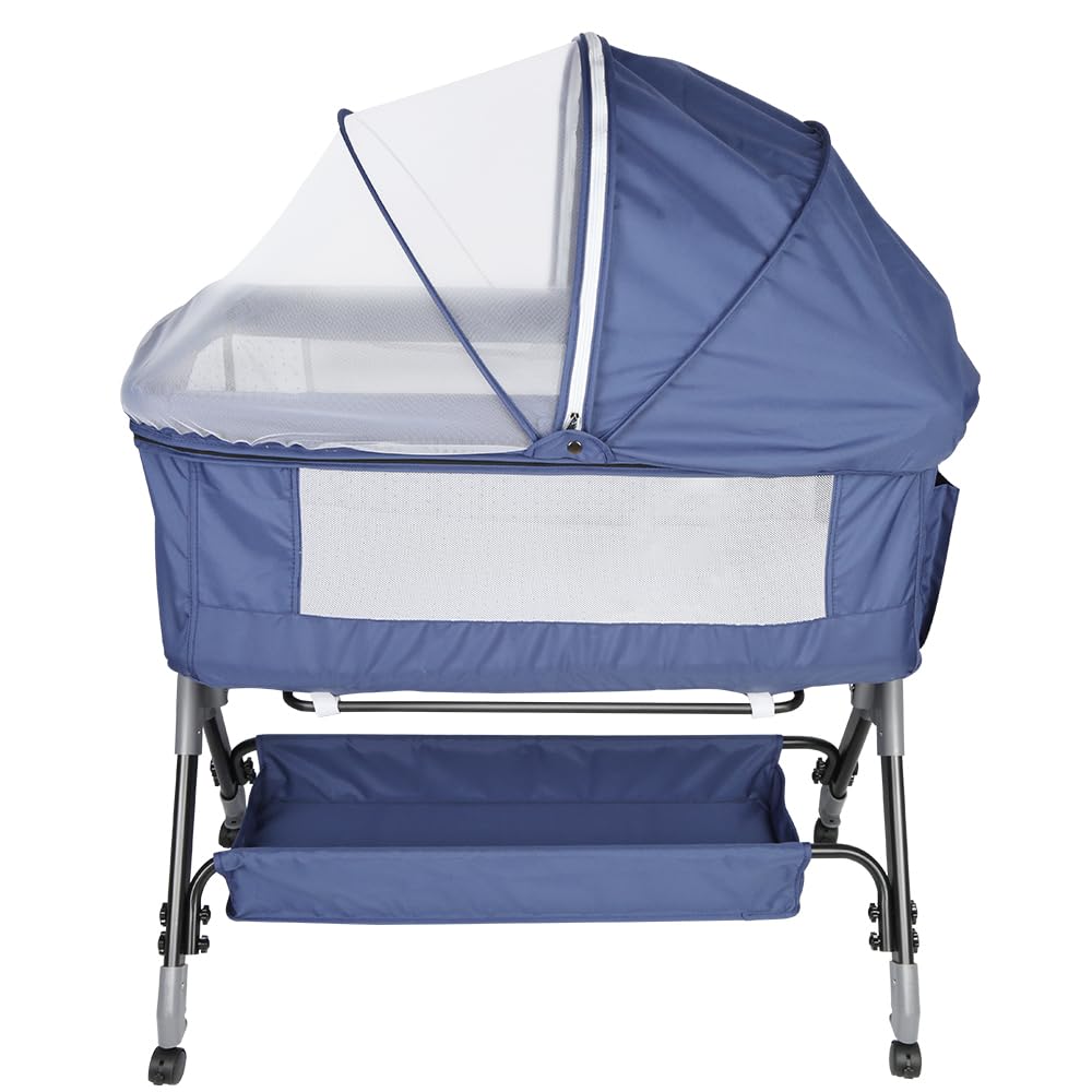 HUOLE 3 in 1 Culla Neonato Fianco Letto, Lettino Neonato Dondolo con Materasso, Culla Co-Sleeping Fino a 25 kg, Altezza Regolabili, Inclinazione di 20°-104 * 52 * 100-110 cm-blu navy
