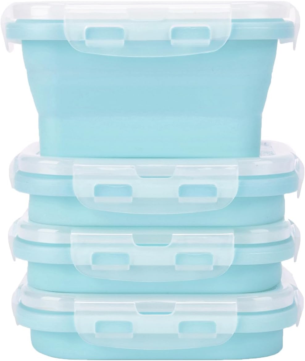 Collapsible Silicone Food Storage Containers with Airtight Lids, 11.8 OZ, Set of 4 Stacking Container for Leftover,Microwave and Freezer and Dishwasher Safe, BPA Free (4 Small Blue)
