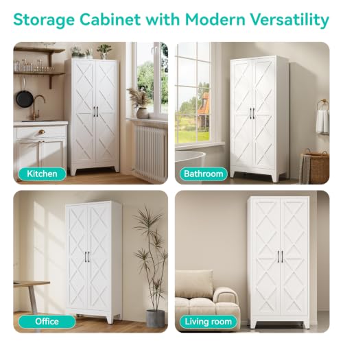 Image of Metal Storage Cabinet with Doors and Adjustable Shelves | 71 inch Tall Pantry Cabinet for Kitchen Dining Room Bathroom Garage,White,1 Pce