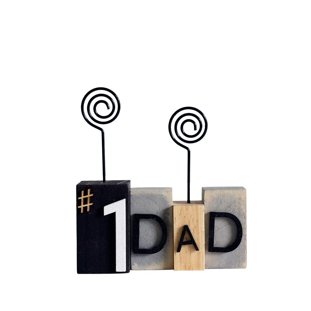 DQ DQ HOME DECOR No. 1 Dad Wood Photo Frame Holder with Swirl Wire 3.75inch H, Place Card Hoder,Table Picture Stand Table Card Holder, Picture Card Paper Note Photo Clip