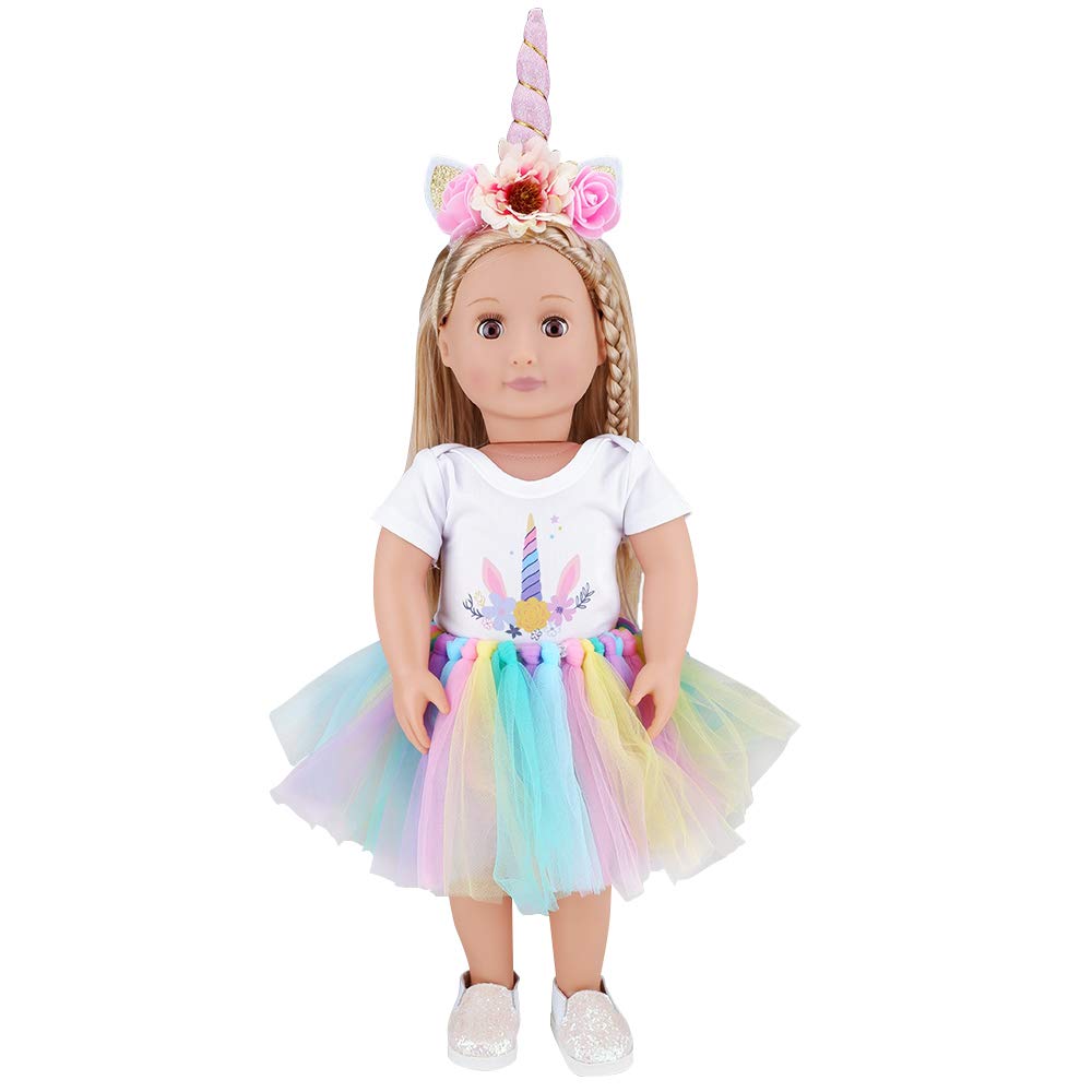 E-TING Dolls Unicorn Clothes, Headband, Tutu fits for 18 inch Dolls Like American Girl, Our Generation,My Life,Adora,Gotz Doll Accessories Costume Outfits