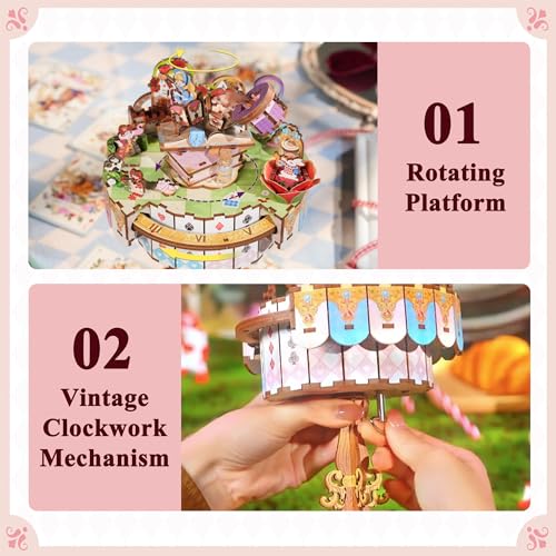 Image of Tonecheer x British Library Wooden Music Box Puzzle for Adults, DIY Rotating Music Box Kit 3D Creative Musical Puzzle Crafts Model Building Kits Desk Decor for Birthday Gift (Alice's Tea Party)