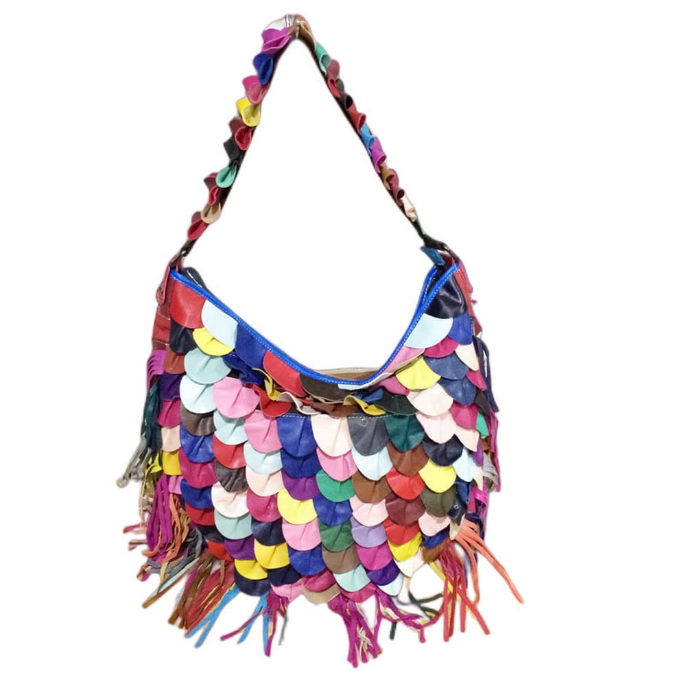 Genuine Leather Hobo Handbag for Women, Ladies Contrast Color Patchwork Tote Bag Crossbody Casual Shoulder Bag, Q-fringe Tote