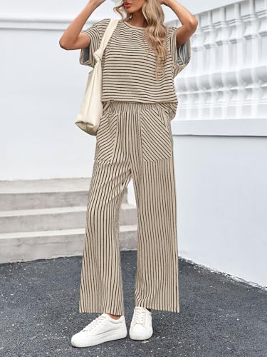 Image of Tankaneo Womens Striped 2 Piece Sets Short Sleeve T Shirts Wide Leg Pants Matching Lounge Set with Pockets