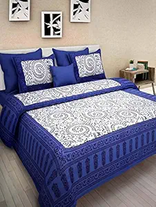 Jaipuri Style 100% Pure Cotton Supreme Quality King Size Double Bedsheet with 2 Pillow Covers - Blue