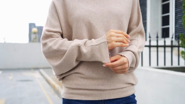 Women's One Shoulder Bat Wing Sleeve Sweater - Loose Knit Pullover, Grey - View #3