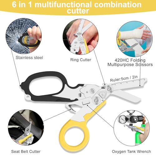 Image of 6 in 1 trauma shears, folding emergency shear, Outdoor Camping Tools, Seat Belt Cutter, Oxygen Cylinder Wrench, Complimentary Adjustable Wrench (Black Yellow)