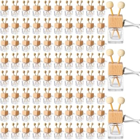 Zubebe 100 Pack Clear Glass Car Air Freshener Vent Clip Empty Essential Oil Diffuser Bottle Auto Glass Perfume Diffuser with Vent Clip Wooden Cap and Stick for Car Fragrance Ornament (Colorless) Cover