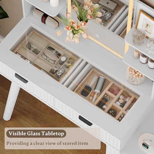 Image of Xixini Fluted Vanity Desk with LED Lights Mirror & Charging Station, White