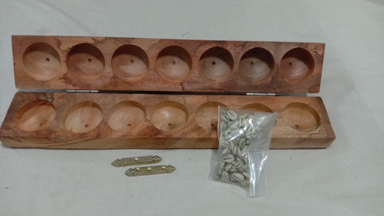 Traditional Special Wooden Pallankuzhi Set / Shells & Box and thayam dice Sun Home and Games, SUNTOSH Trading Company