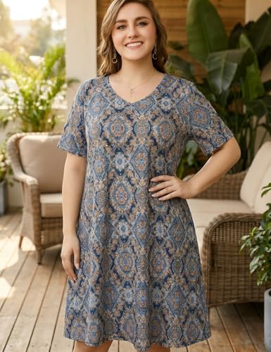 Image of OVERWORETY Womens Short Sleeve Plus Size T-Shirt Dress V Neck Casual Loose Swing A-Line Summer Tunic Dresses with Pockets