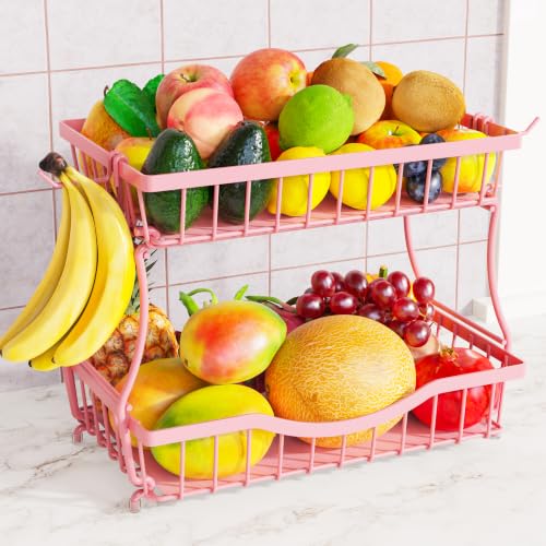 Large 2 Tier Fruit Basket for Kitchen Counter with 2 Banana Hangers, Pink