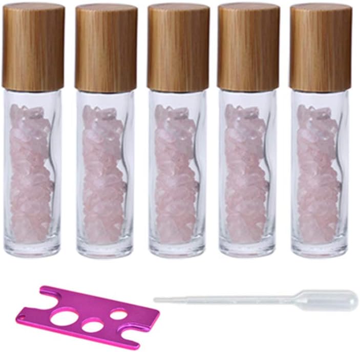 USRommaner Frascos de Vidro Roll-On Transparentes com Esferas de Quartzo Rosa, Tampa de Bambu e Acessórios, Pacote com 5