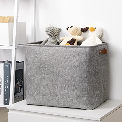 Image of DULLEMELO Large Collapsible Storage Basket /Bin with Sturdy Leather Handles, Fabric Organizer Bin for Storage Clothes, Toys, Books, Office, Bedroom, Closet, Nursery & Laundry (Gray)