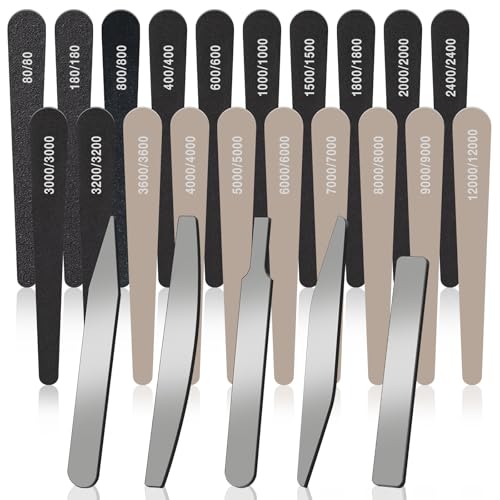 Honoson 25 Pack Hobby Model Polishing Hand Files Tool Set 5 Pcs #10000 Grit Glass Polishing Files and 20 Pcs Sanding Sticks Tool for Metal Wood Model Craft(Low Grits and High Grits,Teardrop Style)