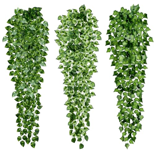 3 Piezas de Enredadera Artificial Colgante - Plantas Falsas de 96 cm con Hojas Verdes Ultrarealistas para Decoración de Bodas, Balcones, Jardines, Dormitorios y Paredes Interiores - Sin Mantenimiento