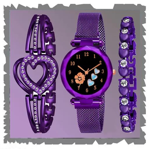 STYLEDOSE Flower & Heart Black Printed Round Dial Latest Coloured Magnetic Strap with Dimond Studded Braclets Womens & Girls Watches Combo Pack of 3 for Women & Giirls (Purple) (B0D8J61NG8) Amazon Price History, Amazon Price Tracker