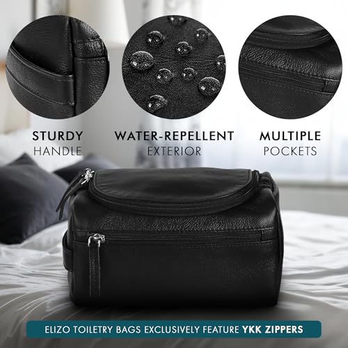 ELIZO Premium REAL Leather Toiletry Bag for Men Dopp Kitt Hanging Mens Toiletry Large TSA Toiletries Bag Shaving Grooming Bag Organizer Black4
