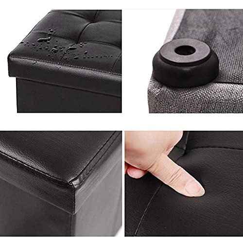 Pouf Carré Bois Massif Petit Banc Salon Cuir Noir 40cm - 4