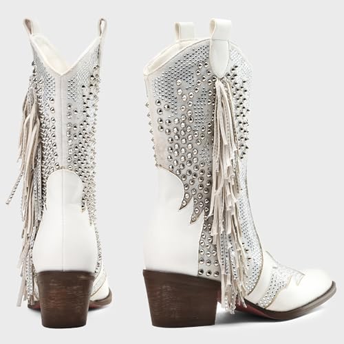 Tsrenlmln Ankle Boots for Women Pointed Toe Rhinestone Boots Chunky Heel Rivet Western Cowboy Boots With Tassel Womens Cowgirl Booties Slip-On Short Boots3