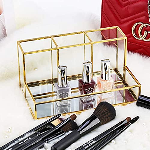 Image of Gold Glass Makeup Organizer with Mirror Base - Cosmetic Storage Holder for Lipstick, Nail Polish, Brushes - Vanity Organizer for Dressing Table - 20 x 12 x 10 cm