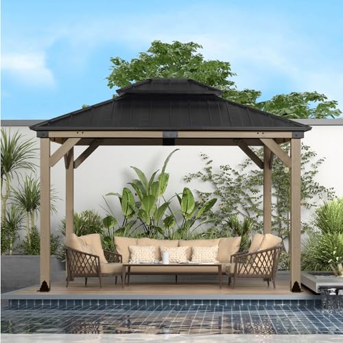 Aoodor 10 X 12 Ft. Wood Gazebo,Outdoor Upgrade Cedar Wooden Frame Gazebo With 2-Tier Galvanized Steel Roof cover