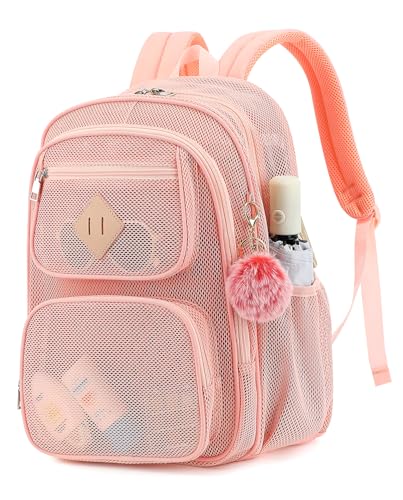 fufazfo Mesh Backpack Heavy Duty Mesh Bookbag for Girls Boys Kids Women See Through Transparent Net Back Pack for School Beach Swimming Work Travel - Light Pink