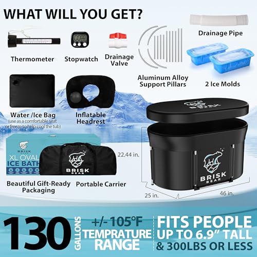 Image of XL Oval Ice Bath Tub for Athletes with Cover by Brisk Bear - Extra Large Cold Plunge Tub for Recovery - Ice Tub with Digital Timer, Thermometer & Reusable Ice Molds - Cold Plunge to Soothe Muscles