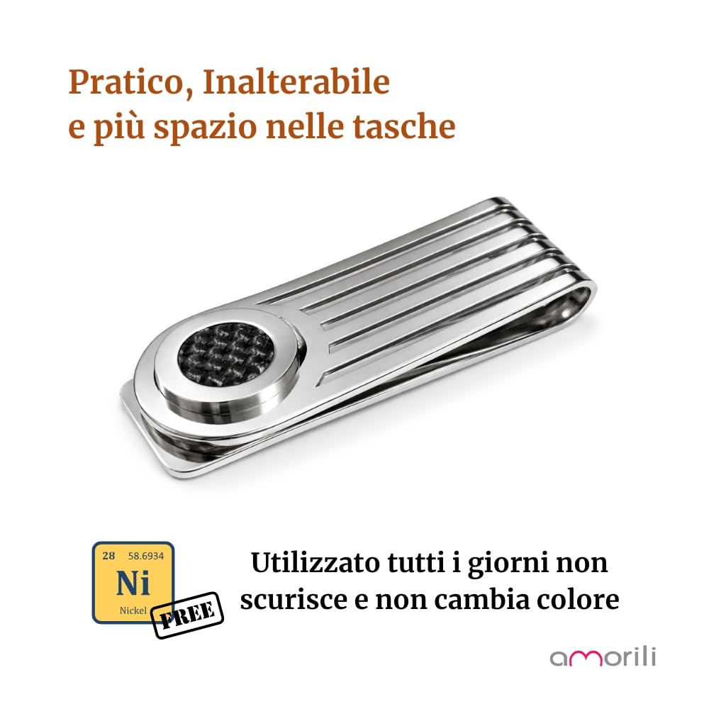 Fermasoldi Uomo in Acciaio Inox con Fibra di Carbonio – Accessorio Moderno ed Elegante – Clip Ferma Banconote a Molla per Soldi – Idea Regalo Uomo